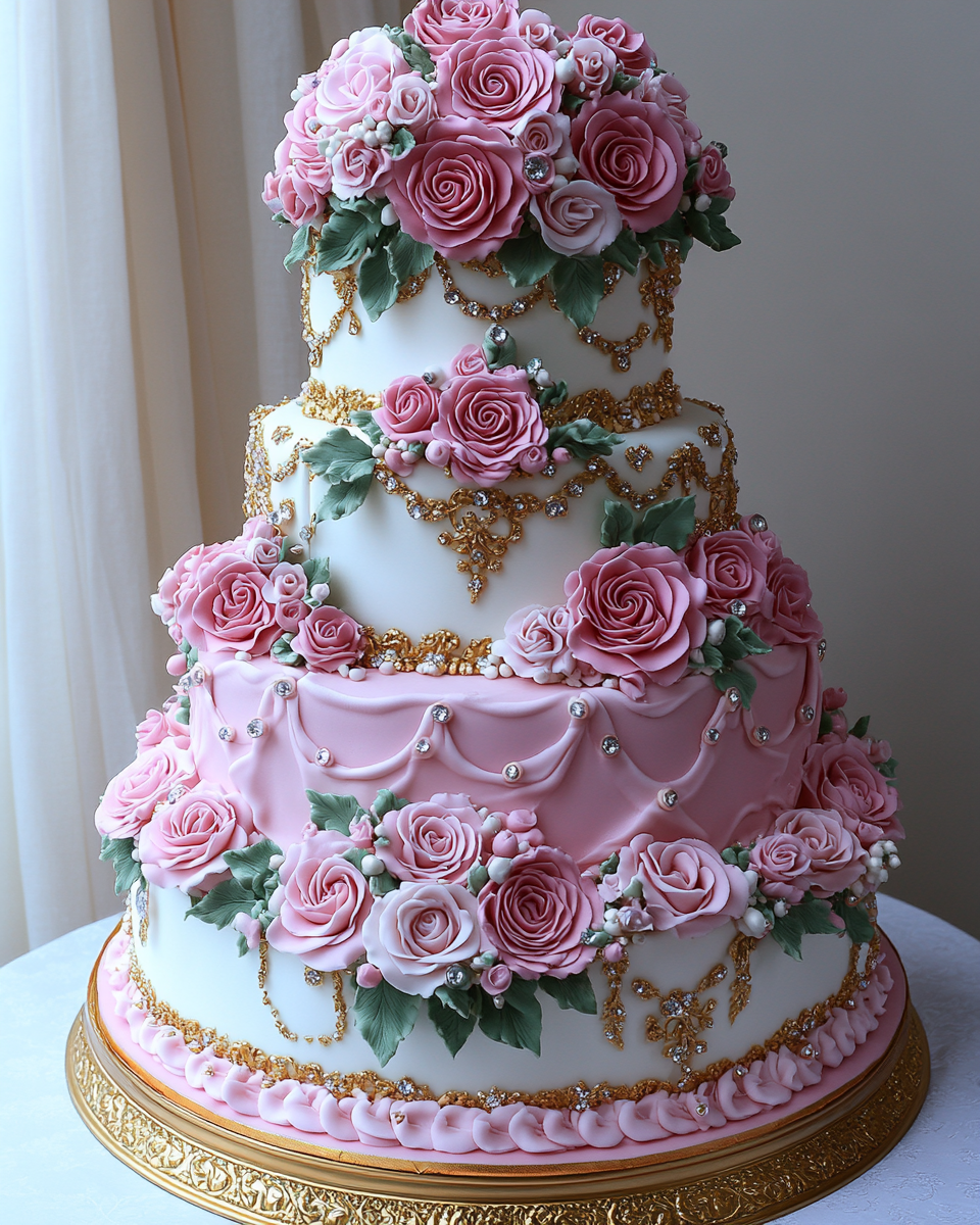 Arabic-Inspired Tiered Cake with Pink Roses and Gold Accents