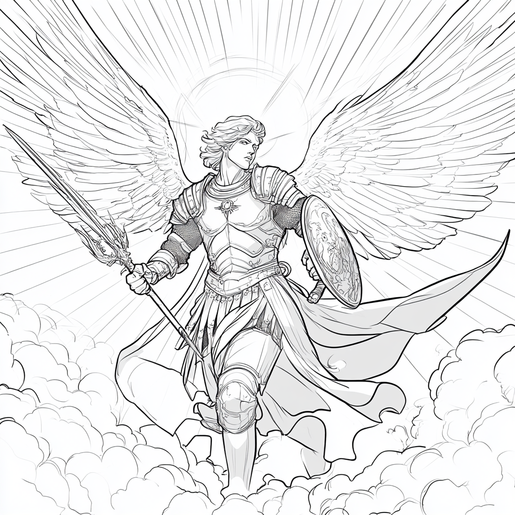 Archangel Michael Defeats Satan in Dramatic Line Art