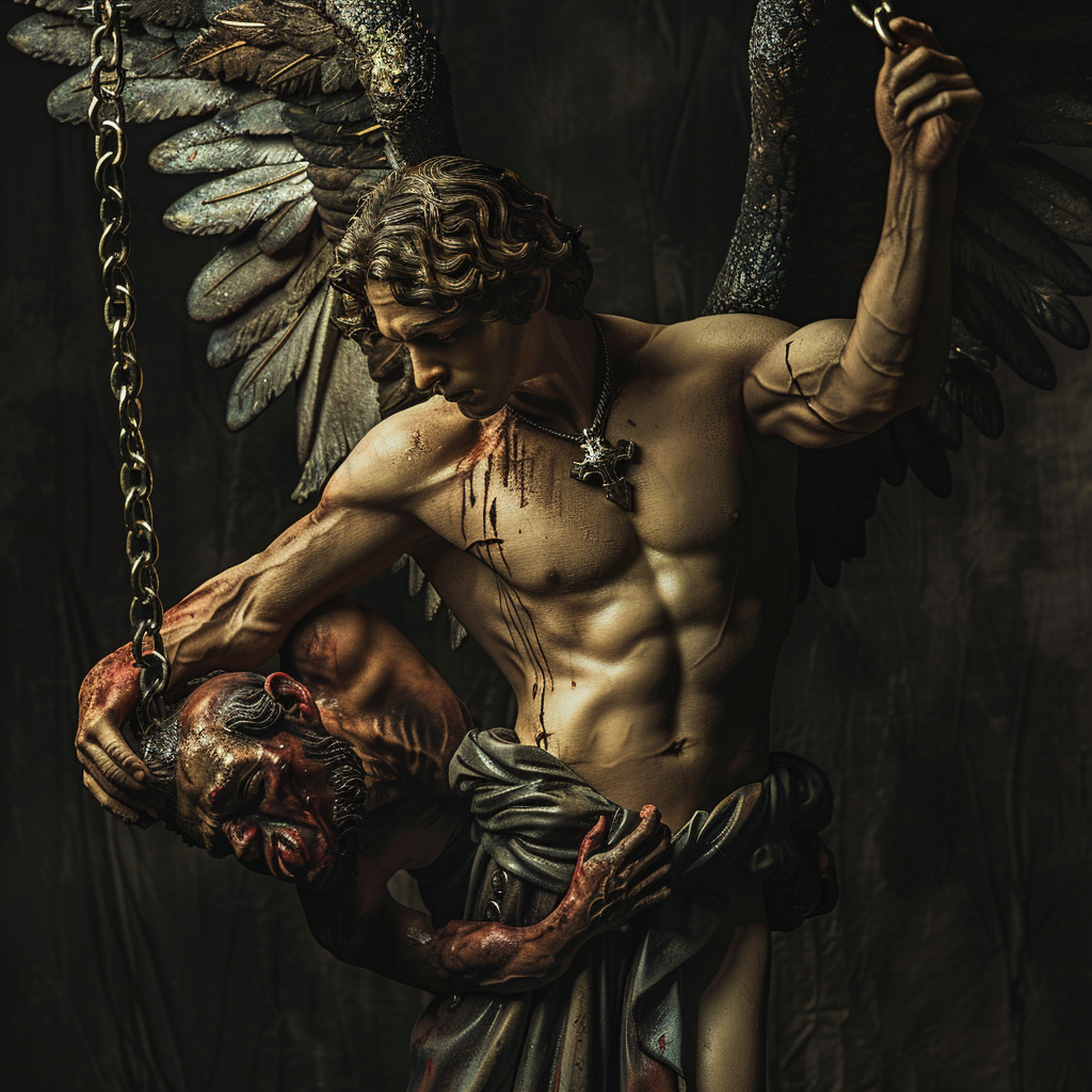 Archangel Michael gripping devil's neck with chain, holding spear.