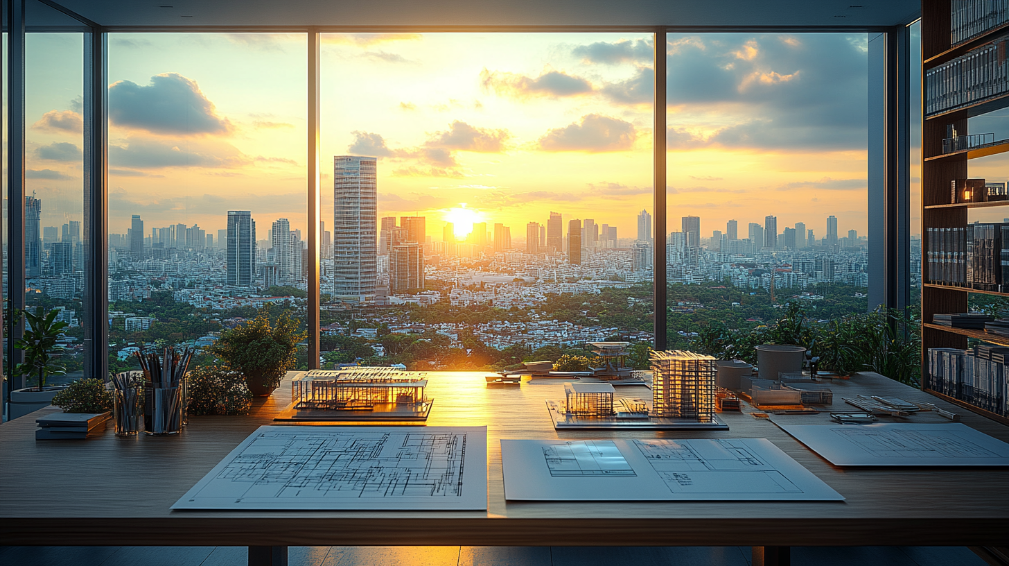 Architect's office with models, city view, blueprints, decor