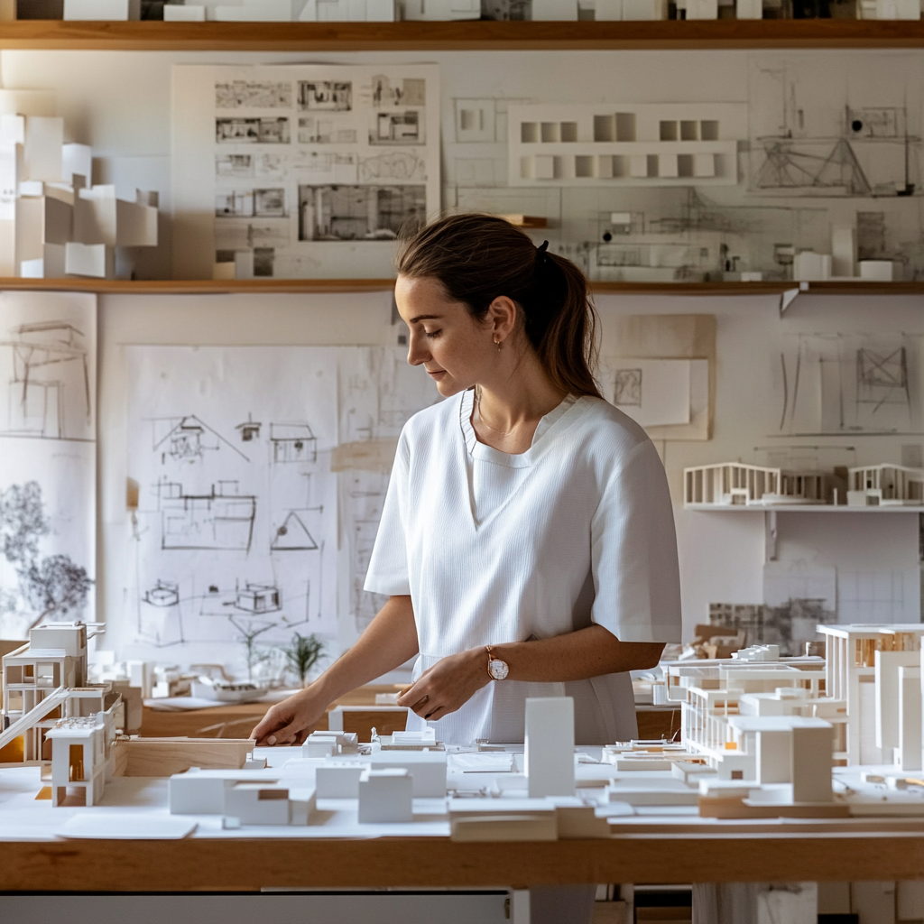 Architect displays scale models in studio, technical drawings posters.