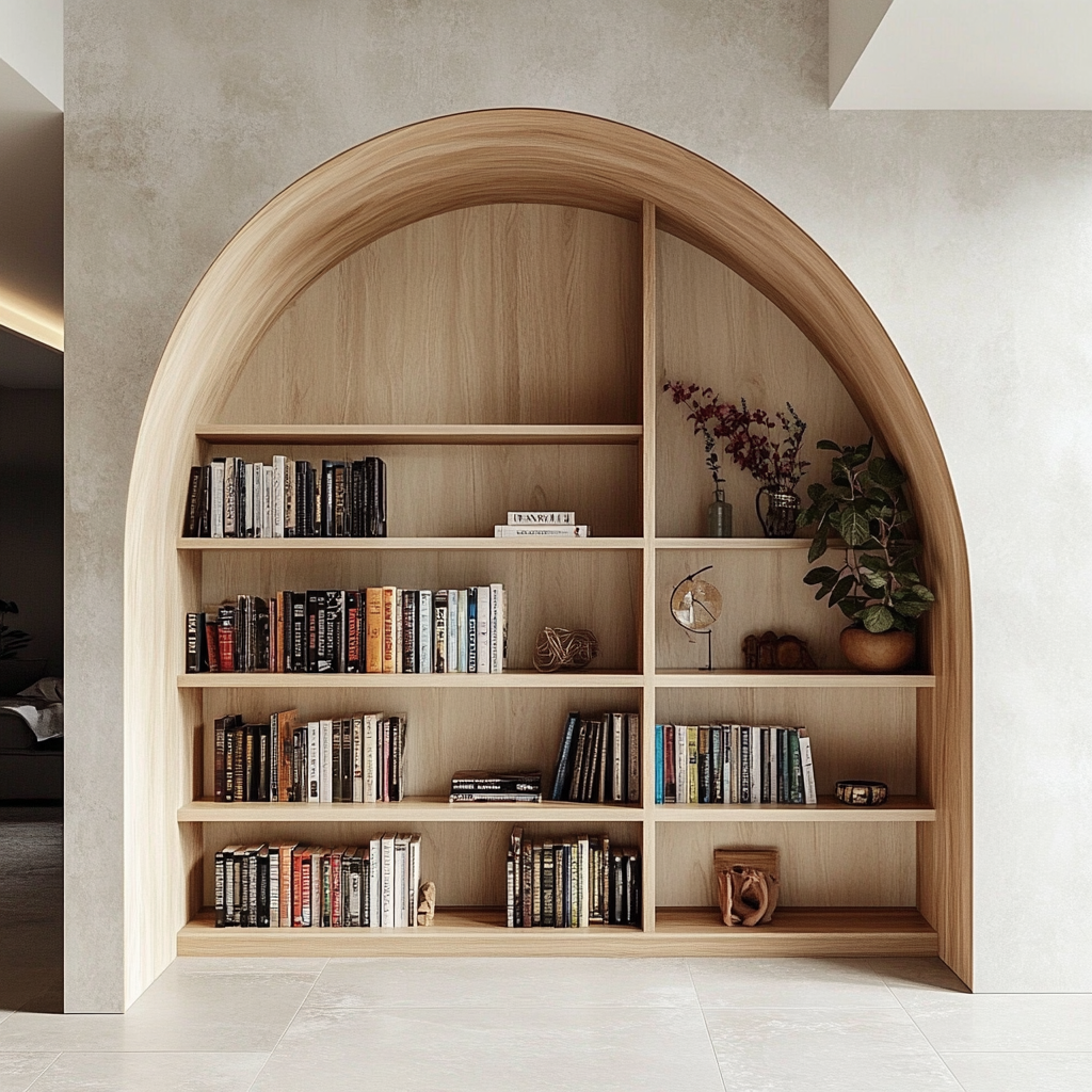 Archway bookshelf with wooden shelves filled with books and plants