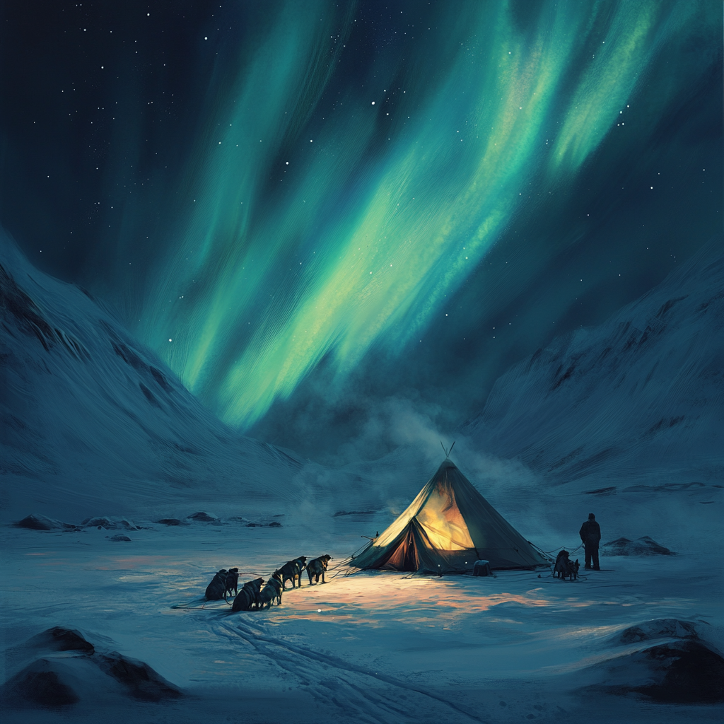 Arctic Explorer's Camp: Tent, Sled Dogs, Northern Lights