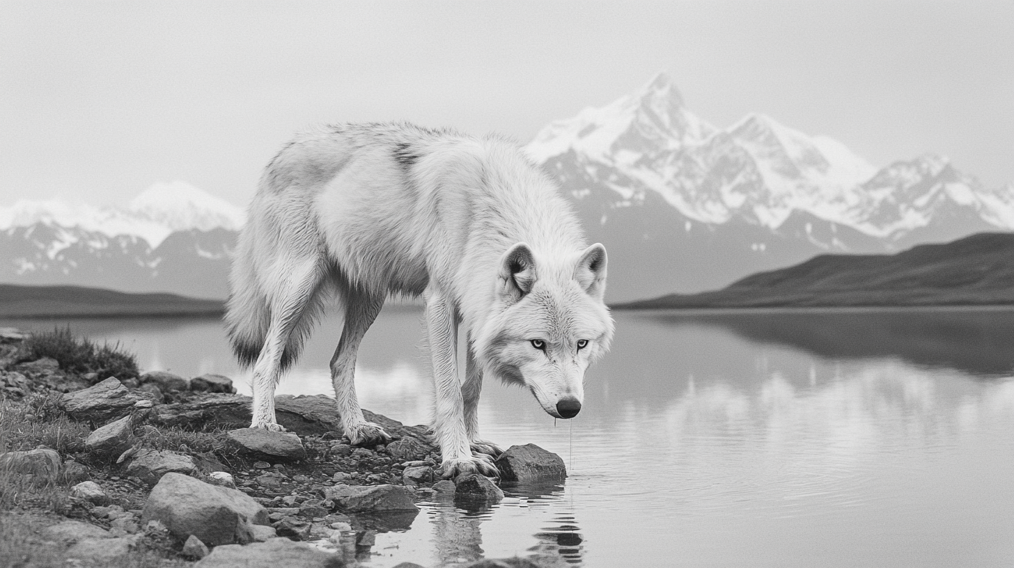 Arctic Wolf drinking from Alaskan lake, Denali in background.