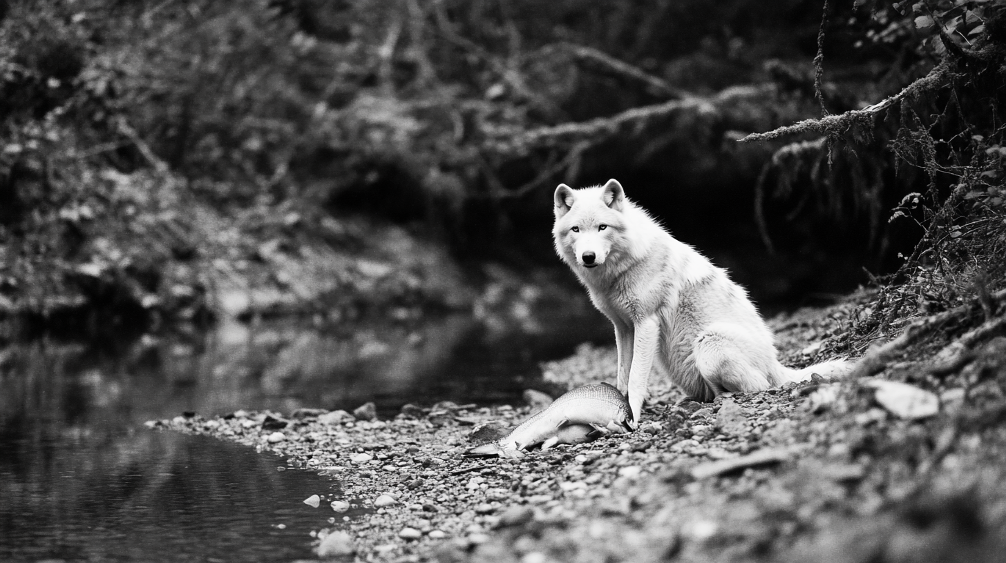 Arctic wolf eating salmon near Alaskan forest creek.