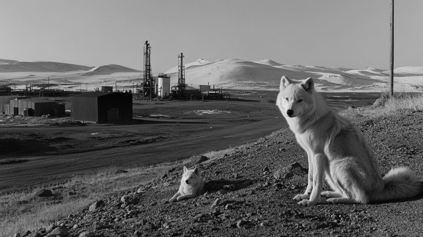 Arctic wolf family on Alaskan tundra, Exxon plant nearby.