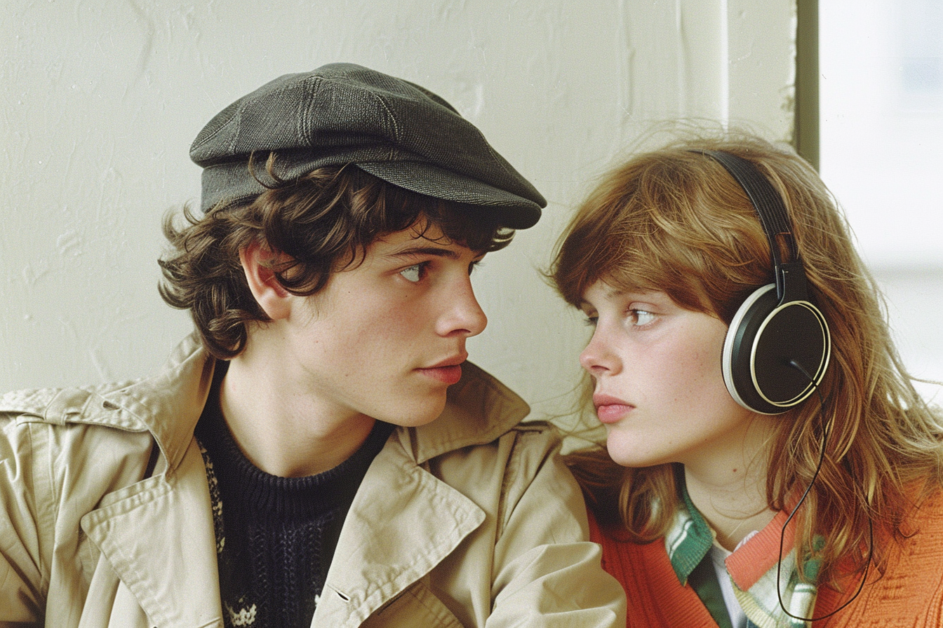 Argentinian boy in black cap looks lovingly at orange-haired girl.