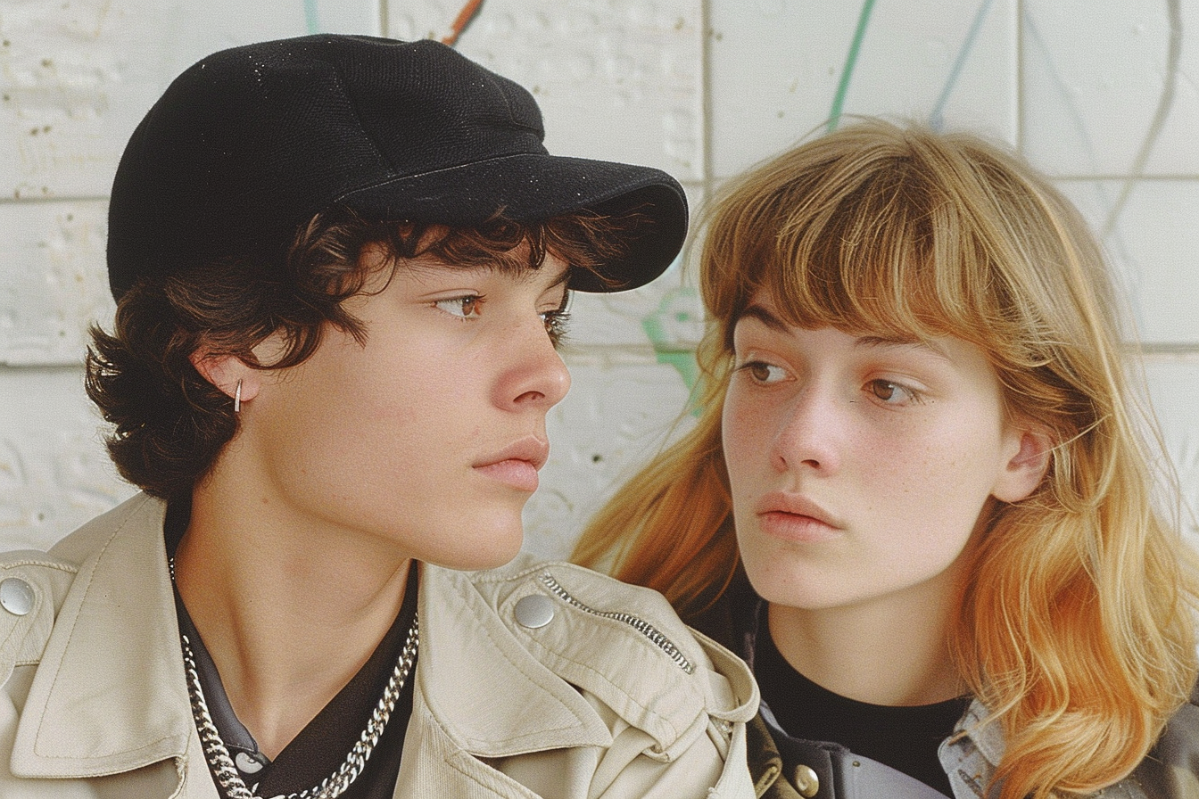 Argentinian boy in trenchcoat and baseball cap looks at girl.