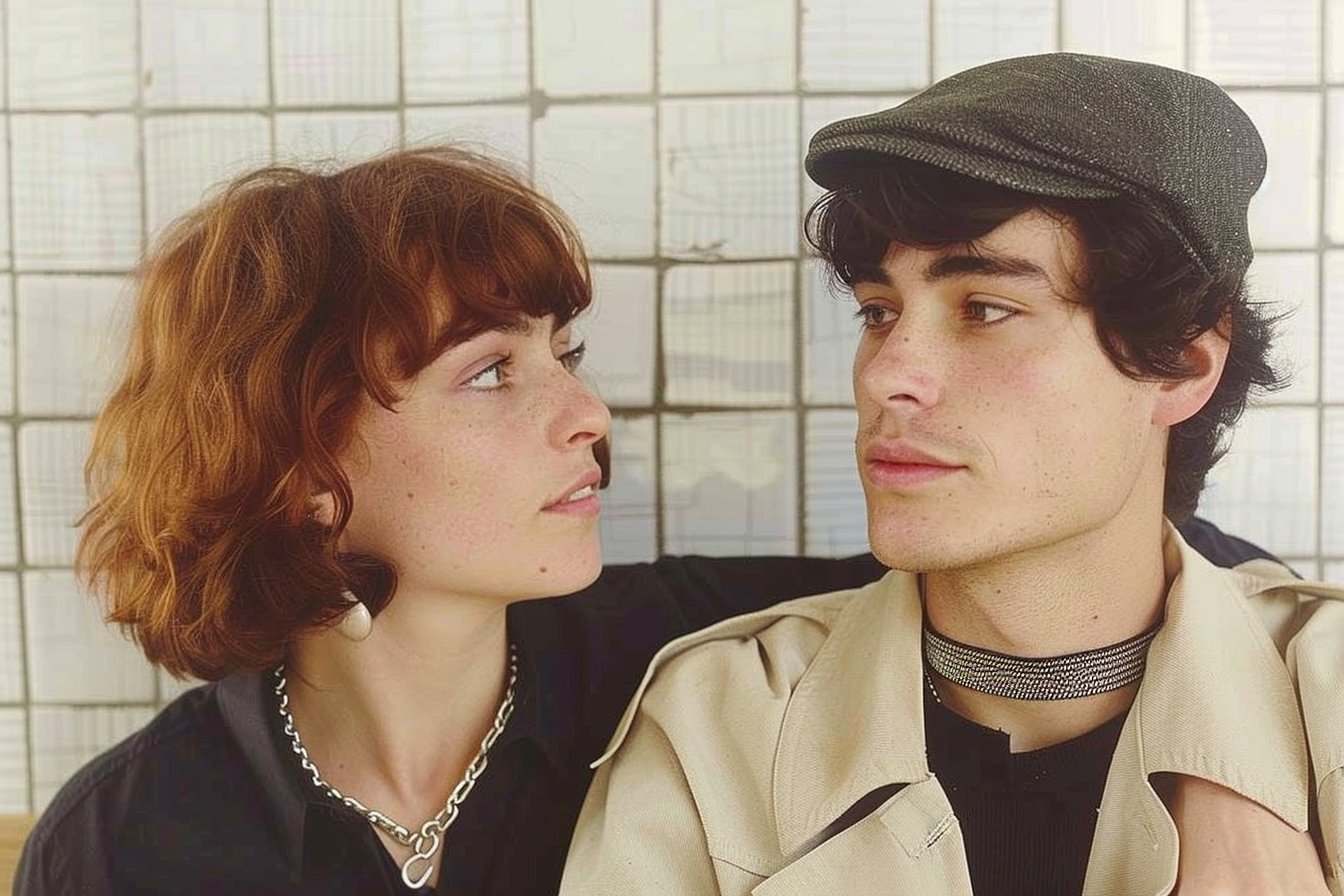 Argentinian boy in trenchcoat and baseball cap looks girl.