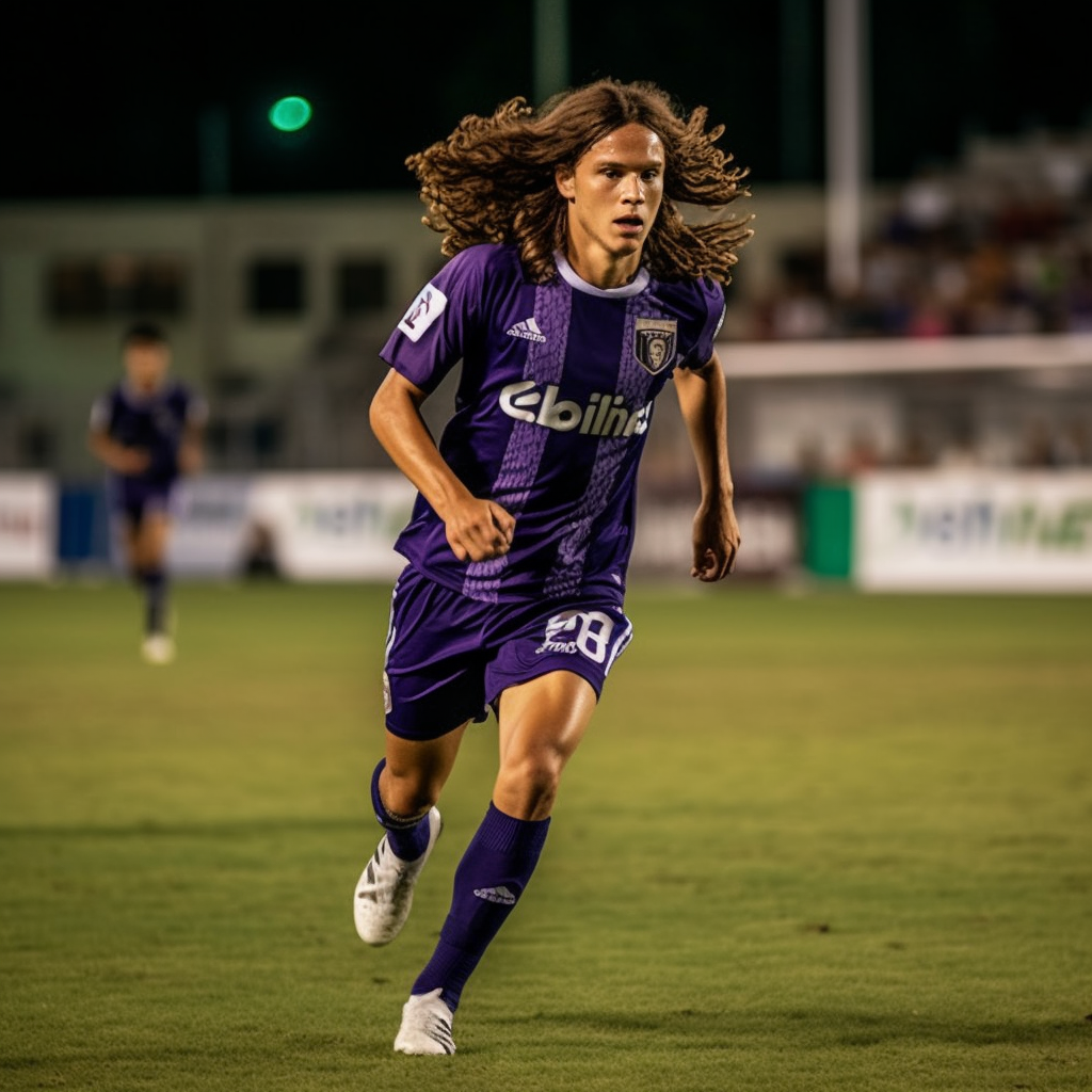 Argentinian football player in Fiorentina's purple jersey sprinting.