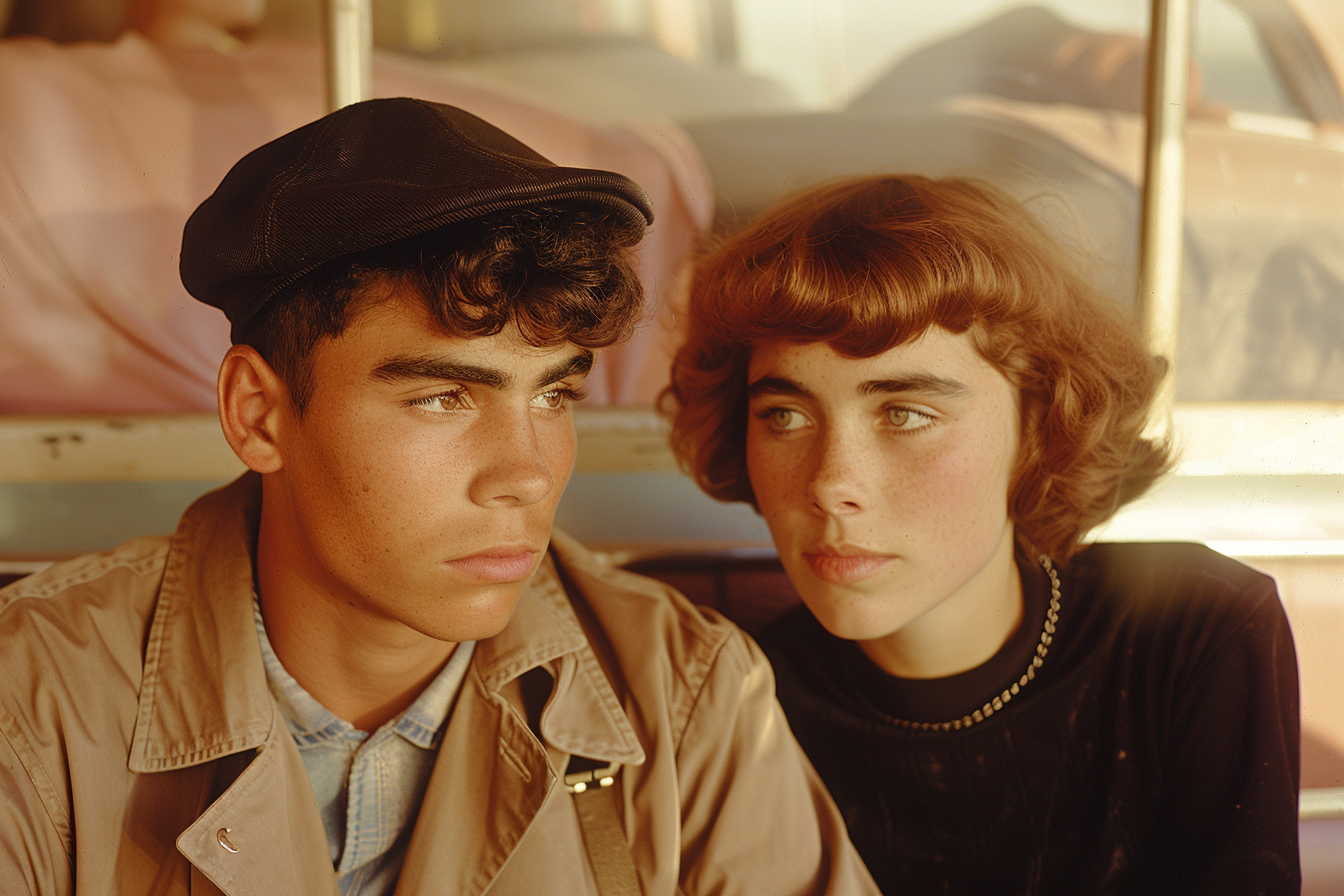 Argentinian man in trenchcoat looking lovingly at redhead girl.