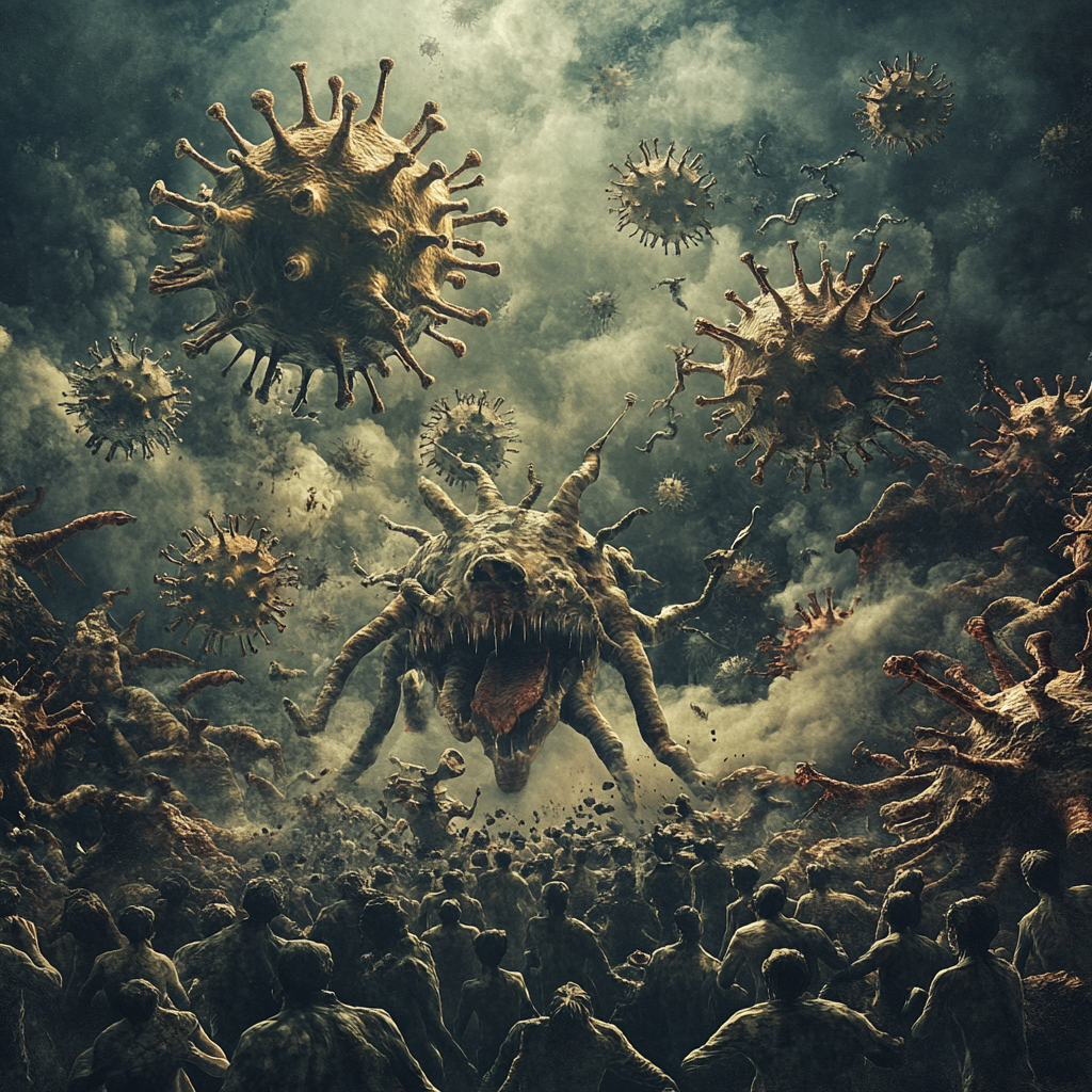 Armies of COVID viruses attacking people with modern weapons.