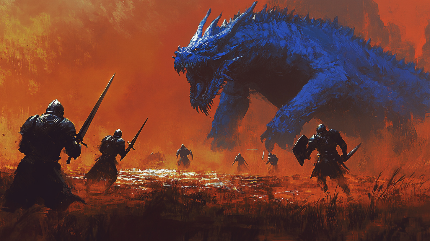 Armored warriors battle blue dragon in Dungeons & Dragons art