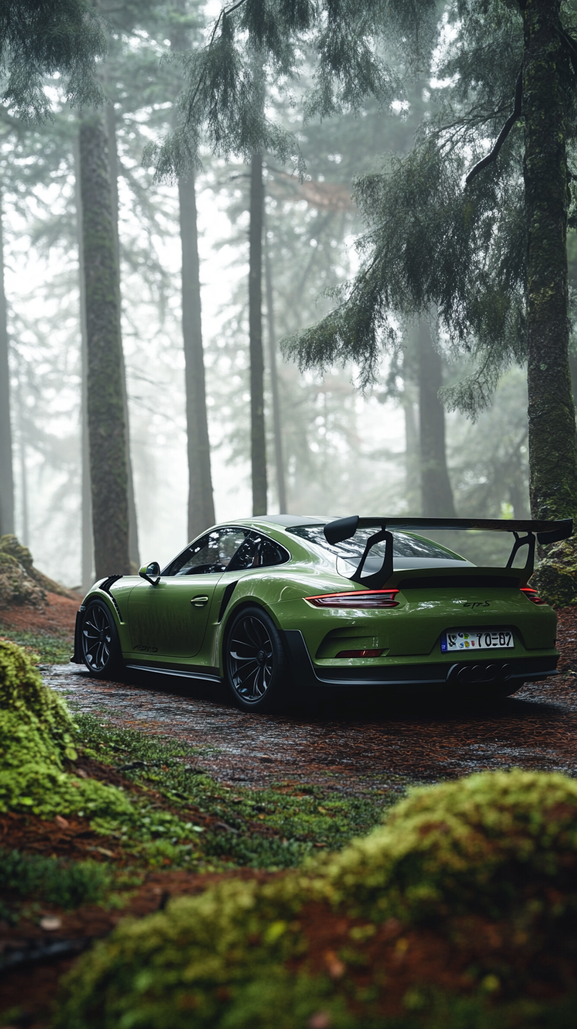 Army green Porsche GT3 RS among misty forest dawn.