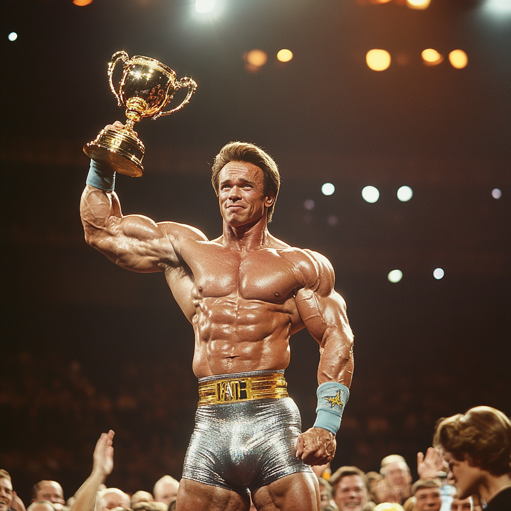 Arnold Schwarzenegger showing off muscles, lifting trophy. Applause.