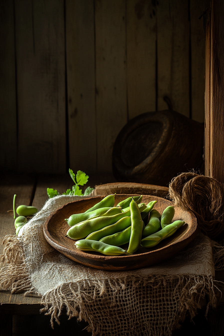 Arrangement of Broad Bean Seeds on Wooden Table