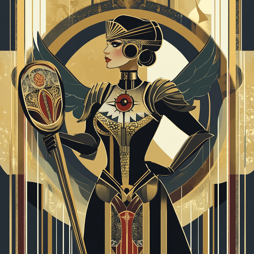 Art Deco elegance: female Jack with sword and shield.