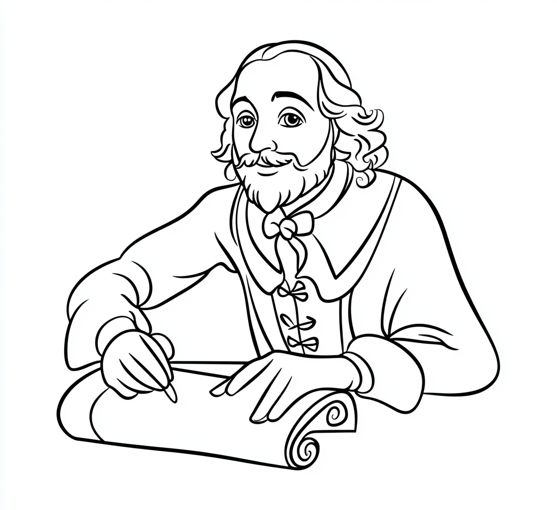 Art coloring page of William Shakespeare writing on scroll.