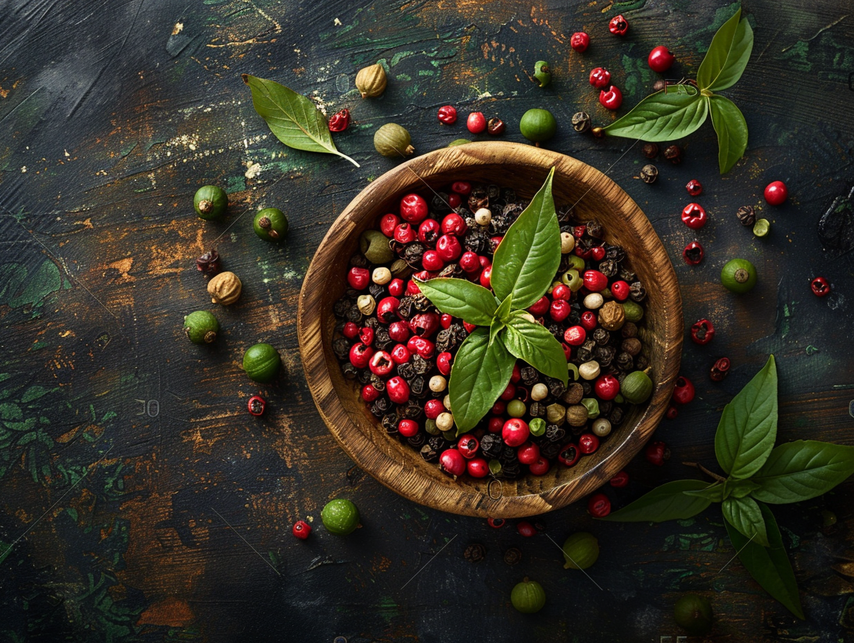 Artful Display of Kampot Peppercorns on Rustic Wood