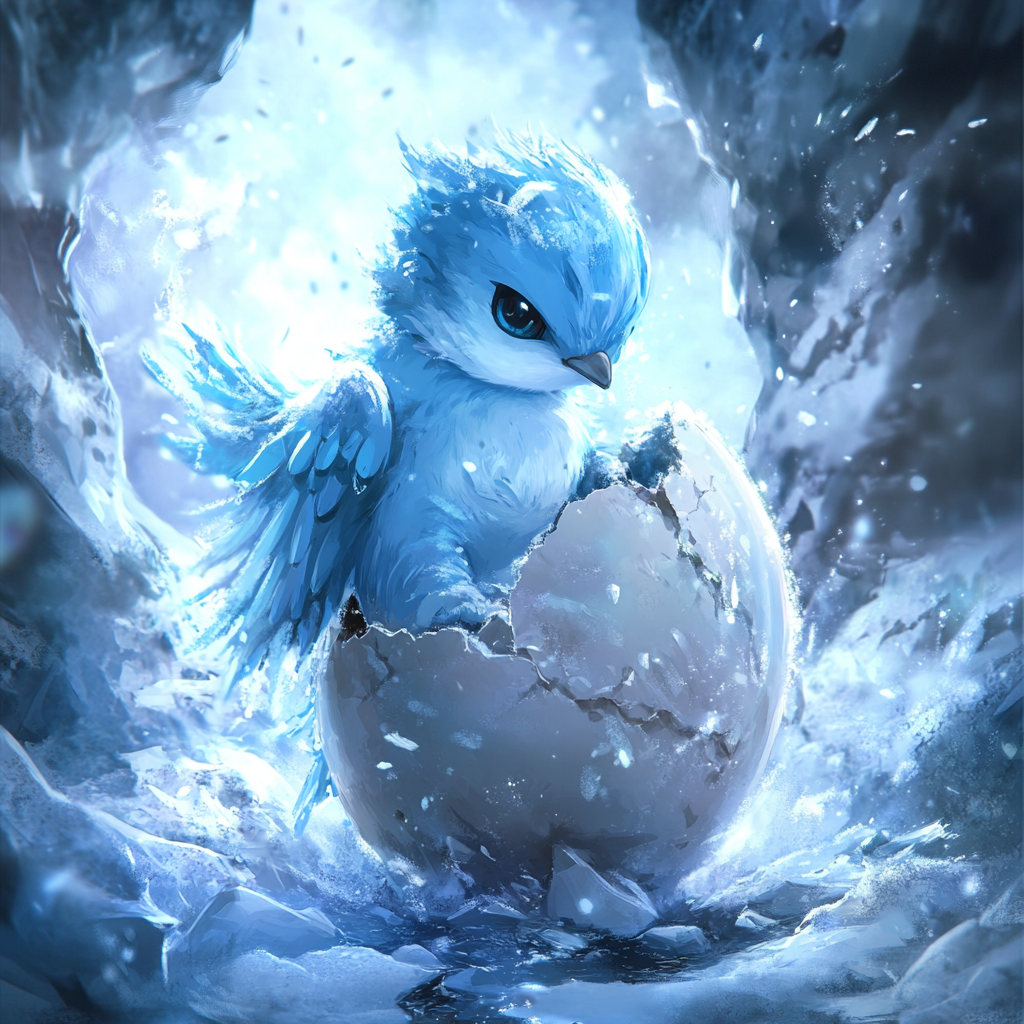 Articuno hatches from frosty egg in magical ice scene.