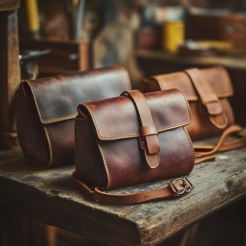 Artisanal Nicaraguan Leather Crossbody Bags on Wooden Workbench