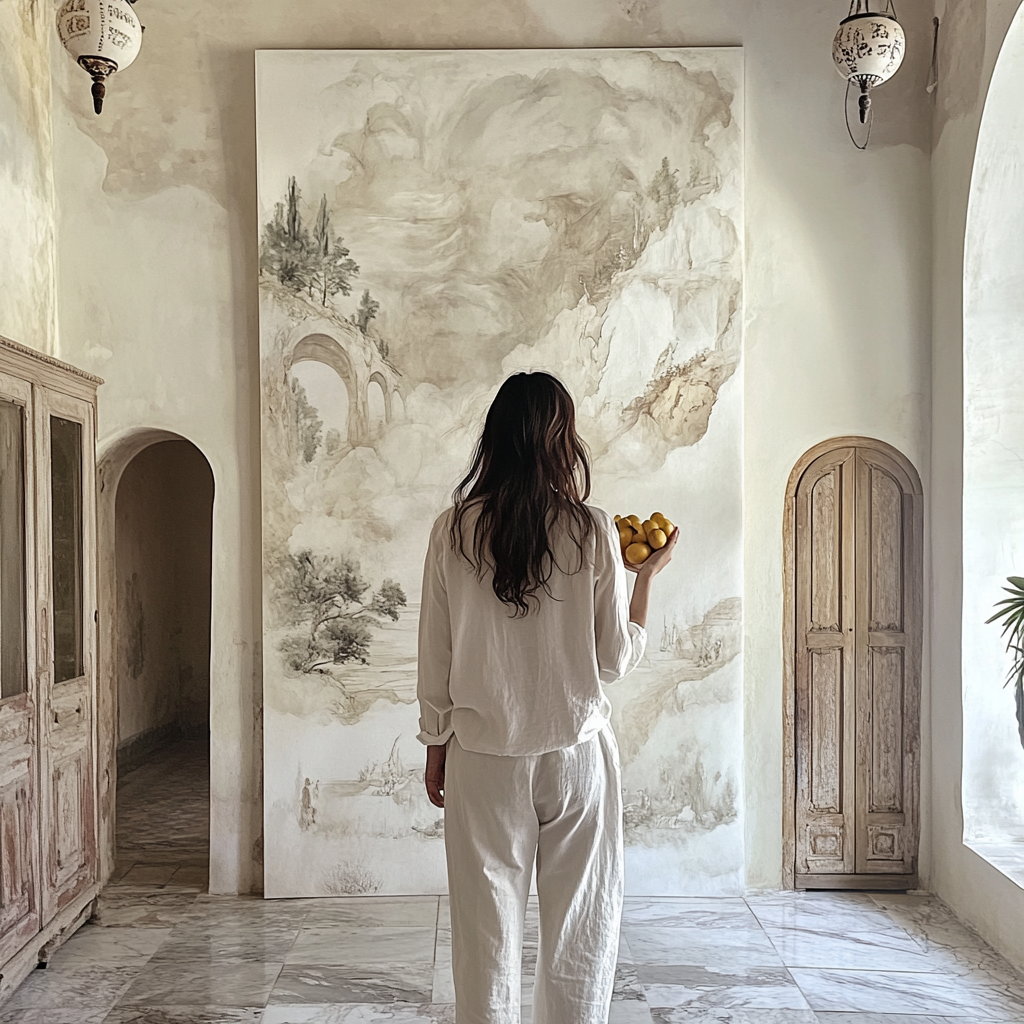 Artist painting on pastel wall, girl holding fruits in villa.