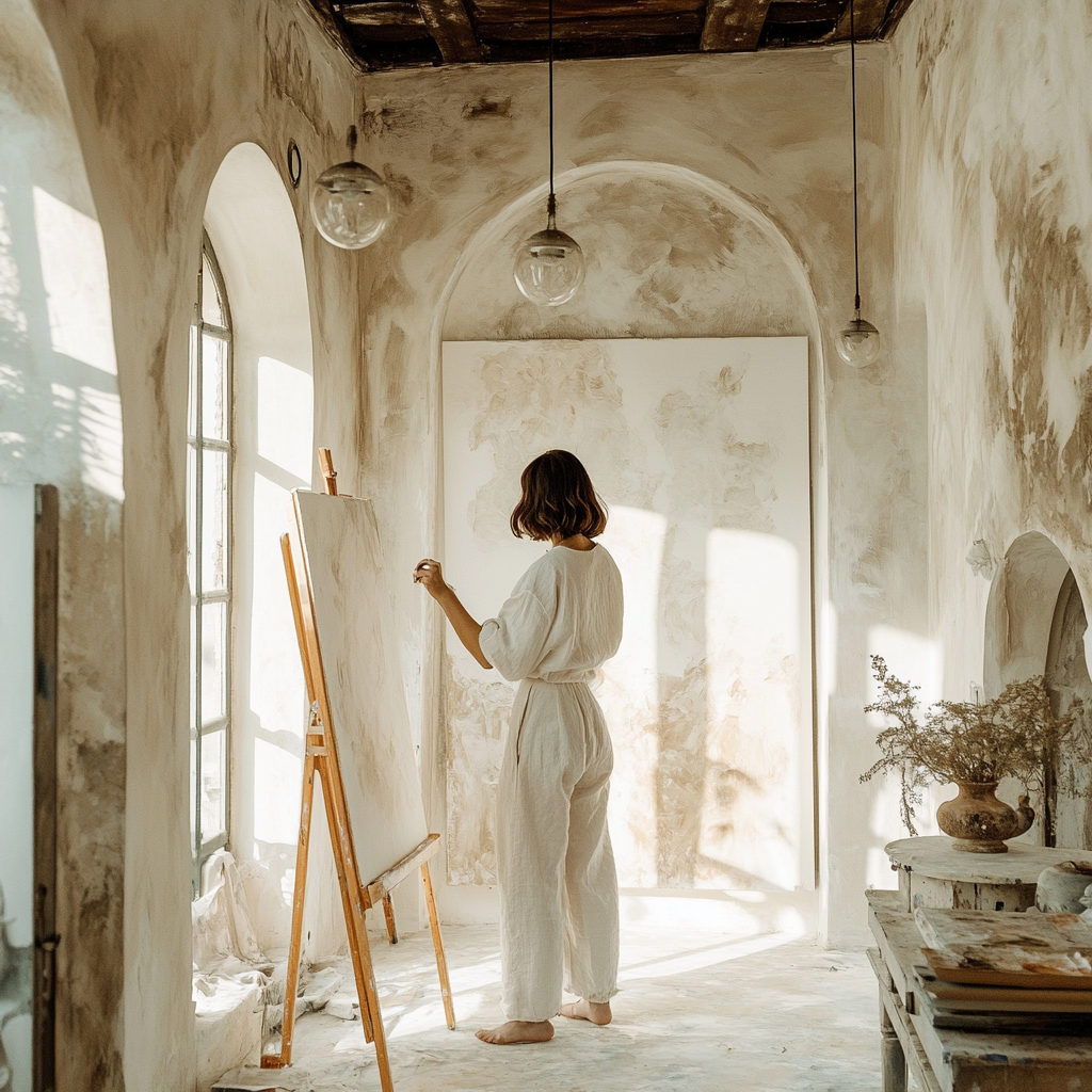 Artist painting on wall, girl with white attire admire