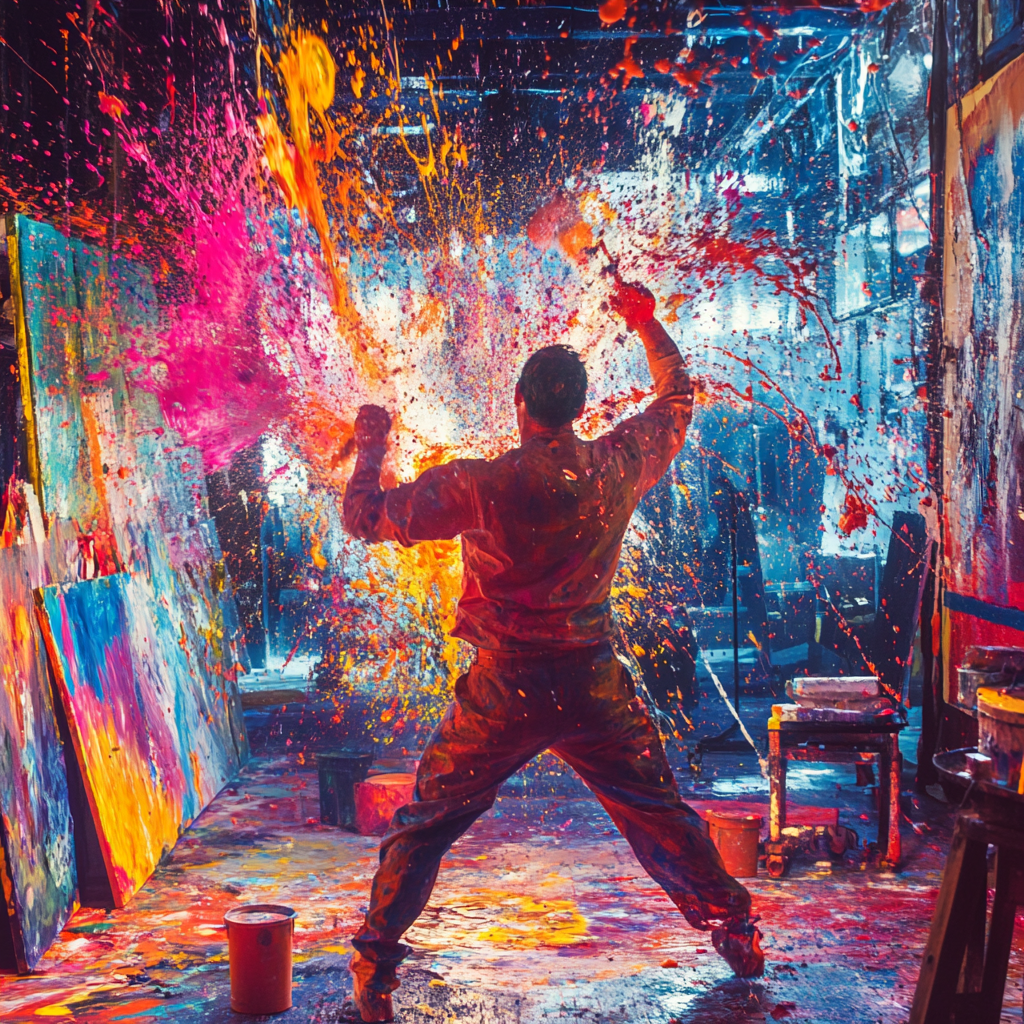 Artist paints in neon-lit studio with chaotic colors.