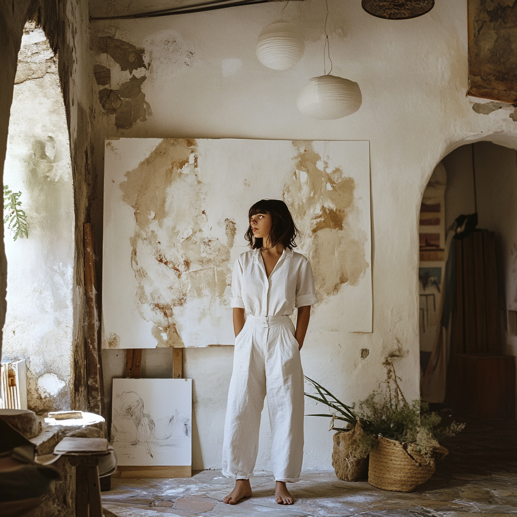 Artist posing in front of white painted wall in villa.