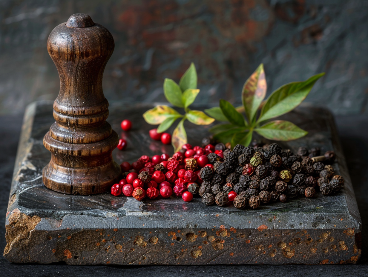 Artistic Display of Kampot Peppercorns on Marble