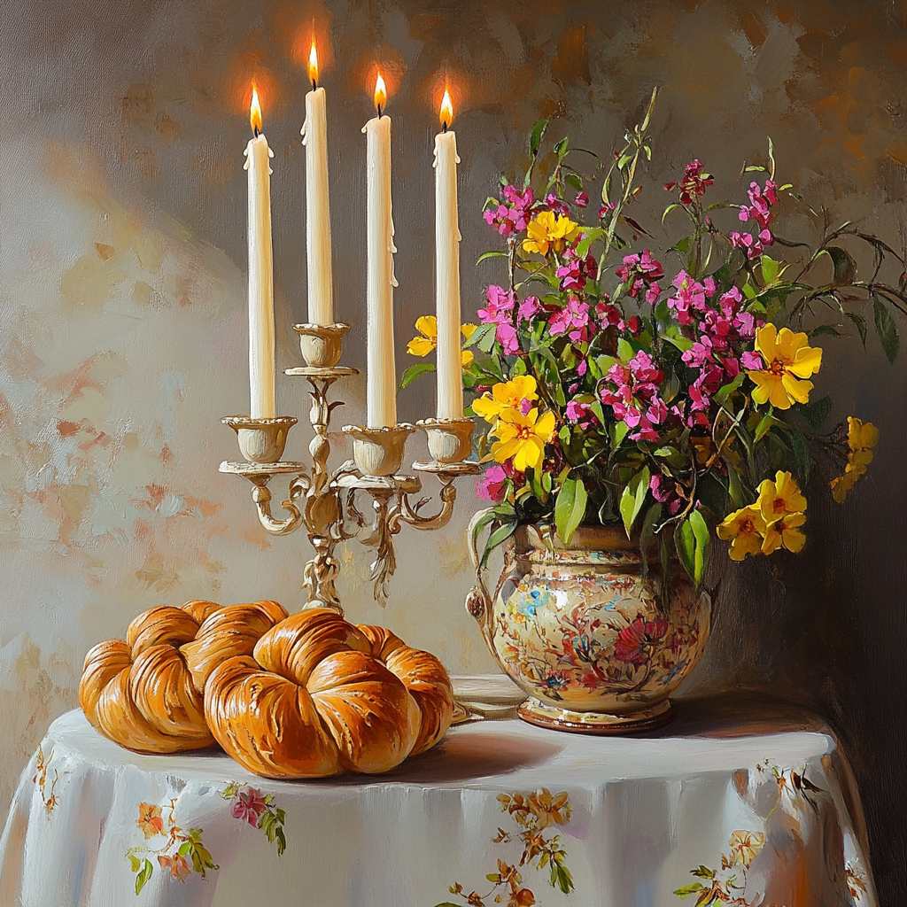 Artistic Shabbat Setting with Bright Flower Pot