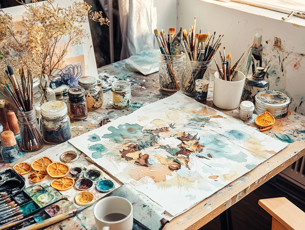 Artistic Workspace with Natural Elements and Supplies