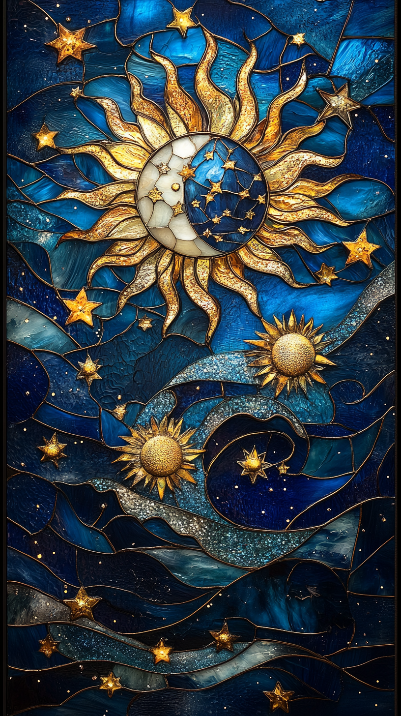 Artistic depiction of night sky with celestial elements.