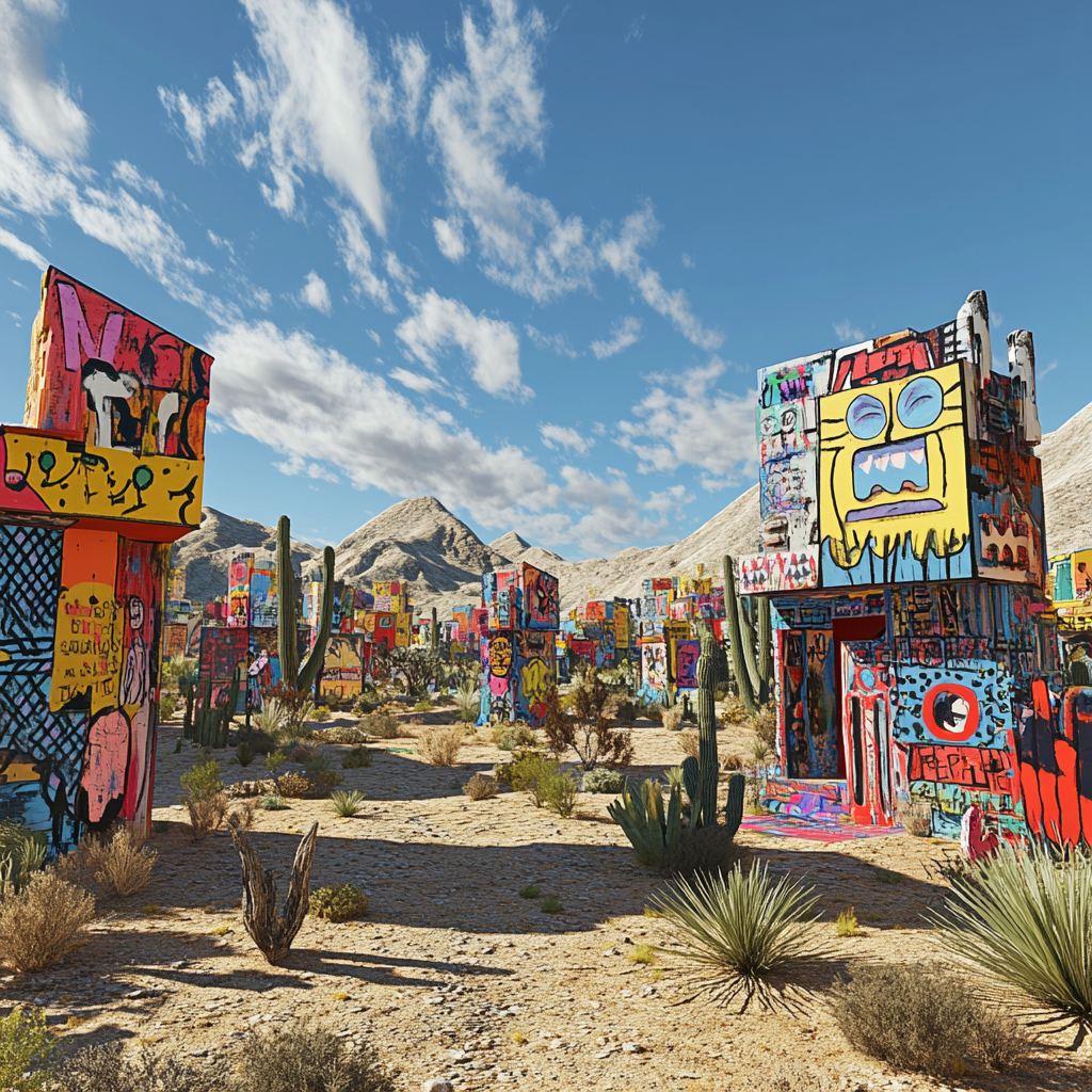 Artistic desert town with vibrant buildings inspired by iconic artists.