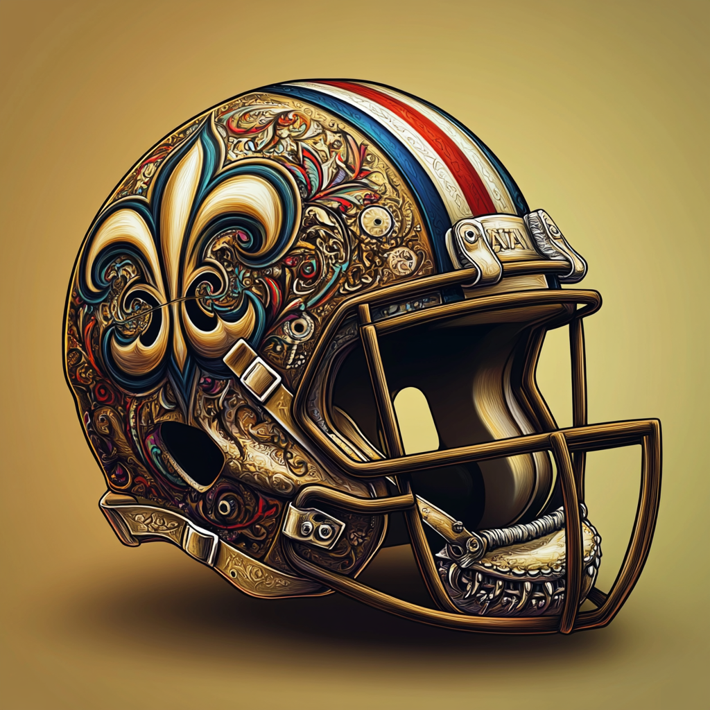 Artistic football helmet with gears, flames, and fleur-de-lis symbol.