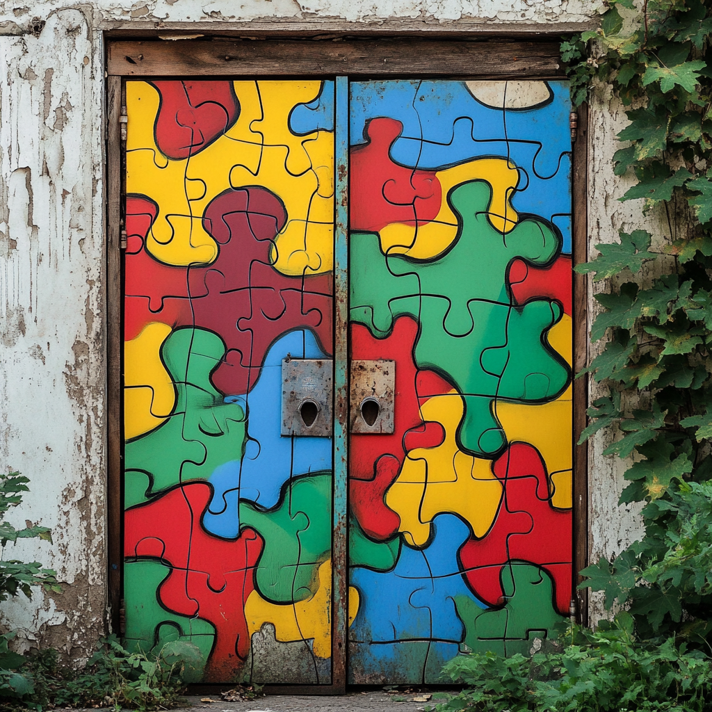 Artistic hand-painted door with vibrant puzzle pieces.