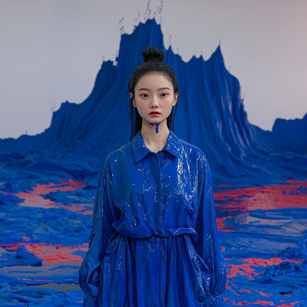 Artistic photoshoot of Chinese model in Klein blue liquid.