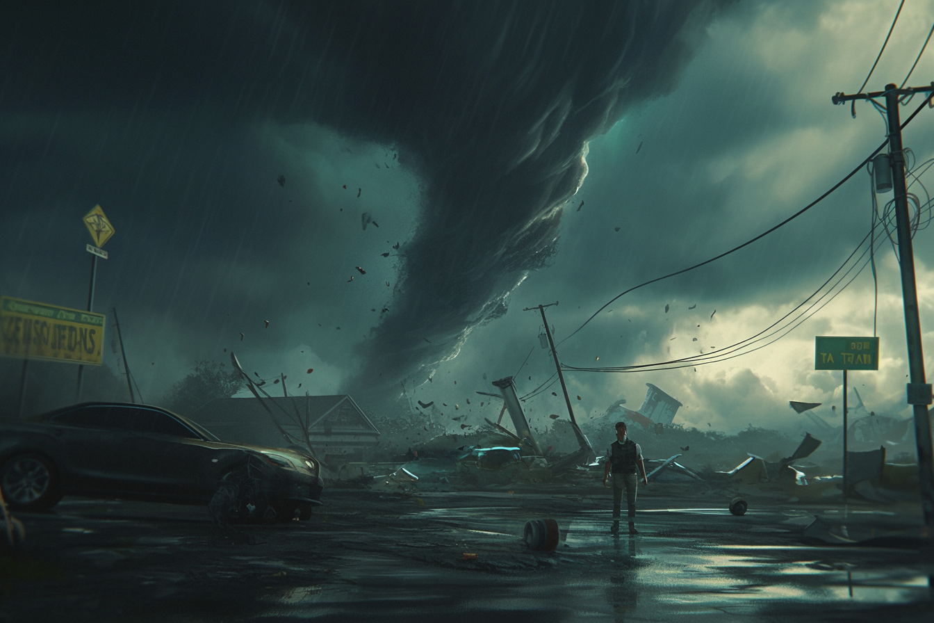 Artistic rendering of town destroyed by tornado in storm