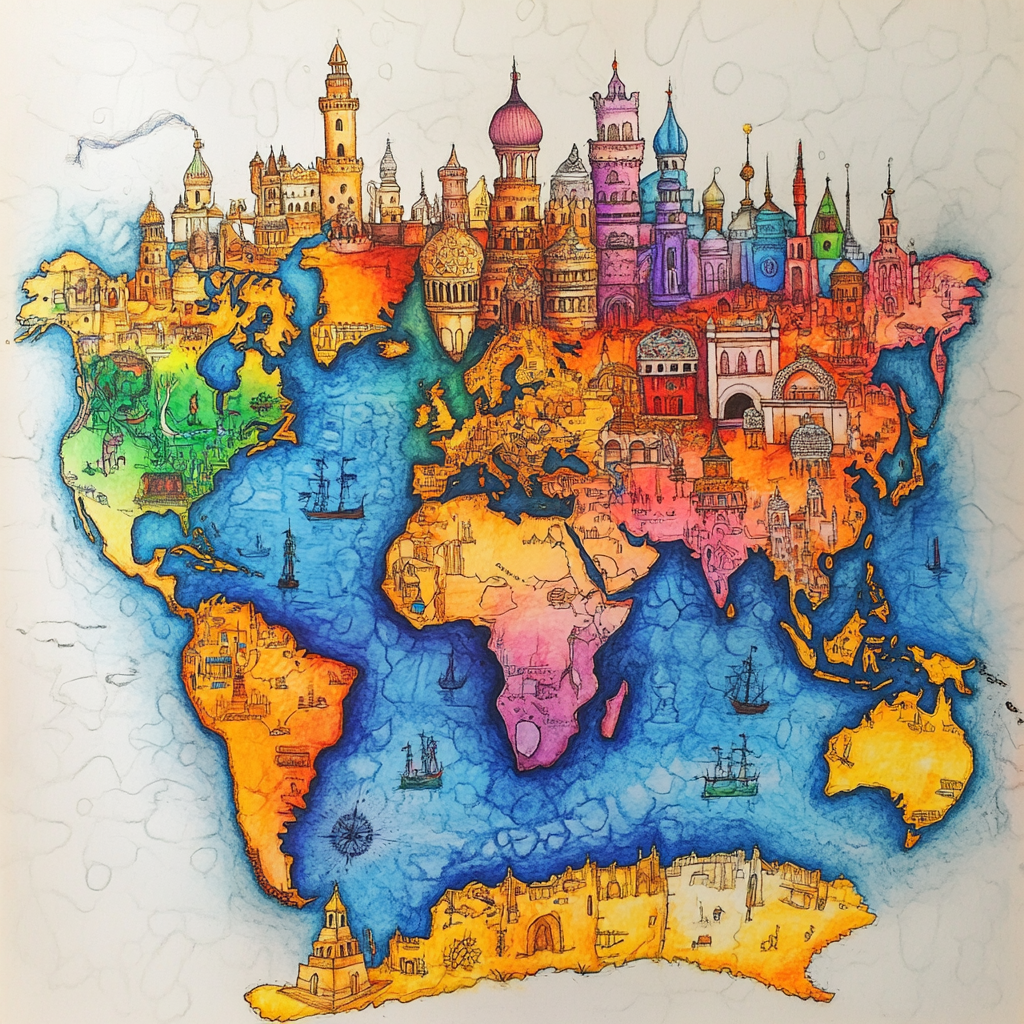 Artistic world map drawing for children's contest.