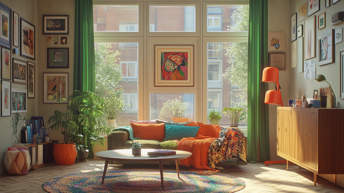 Artsy mid-century modern living room with bright colors.