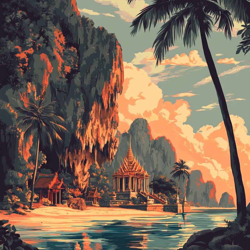 Artwork inspired by Thai landscape and monuments, retro style.