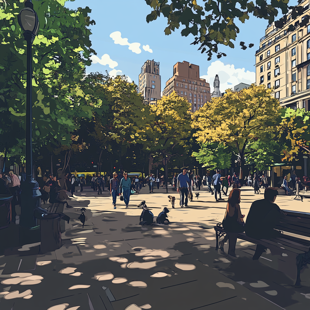 Artwork of Rockstar Games showcasing GTA 5 in cel-shading style from the POV of a sidewalk in Washington Square Park.