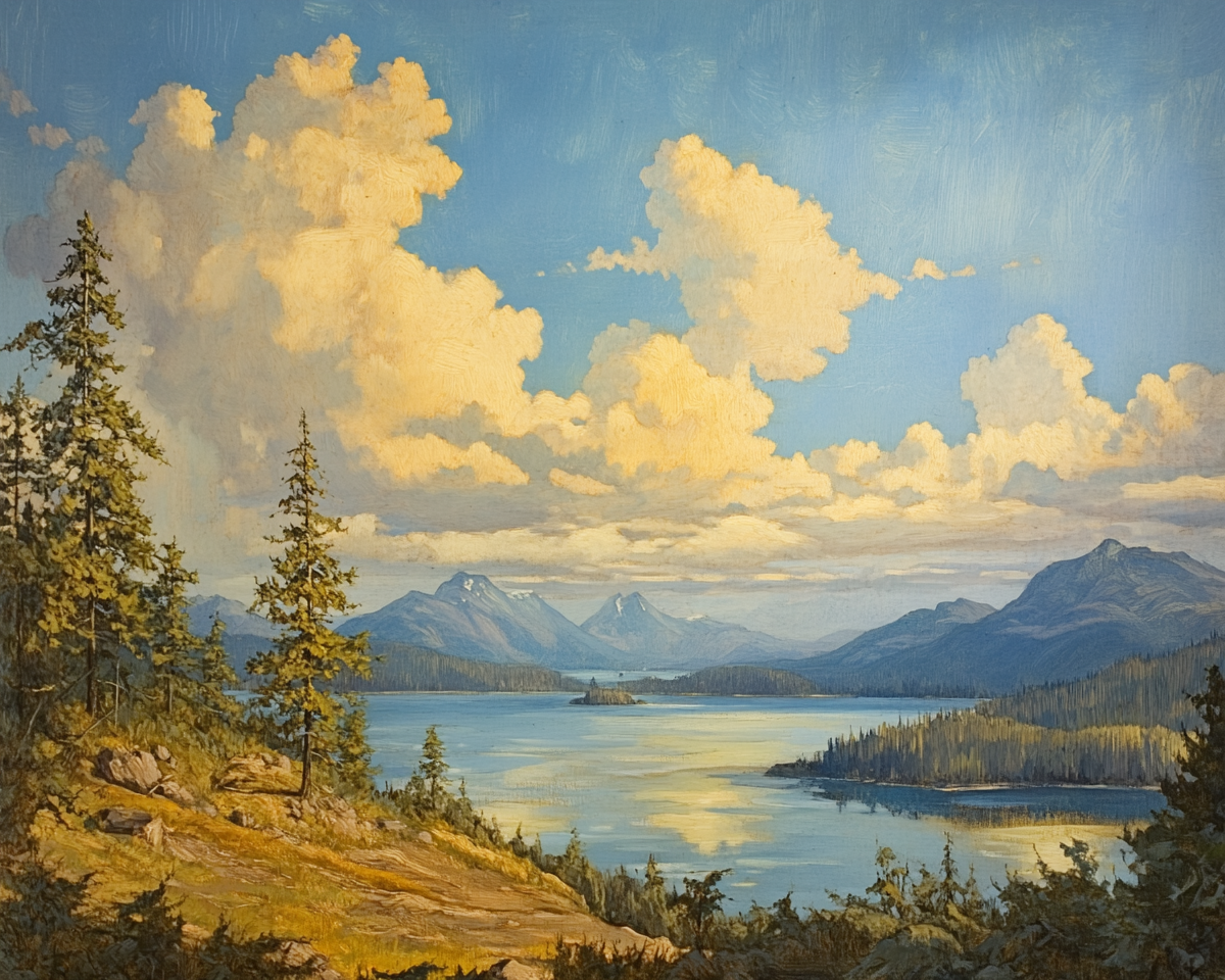 Artwork with impressive clouds, low horizon, distant mountains.