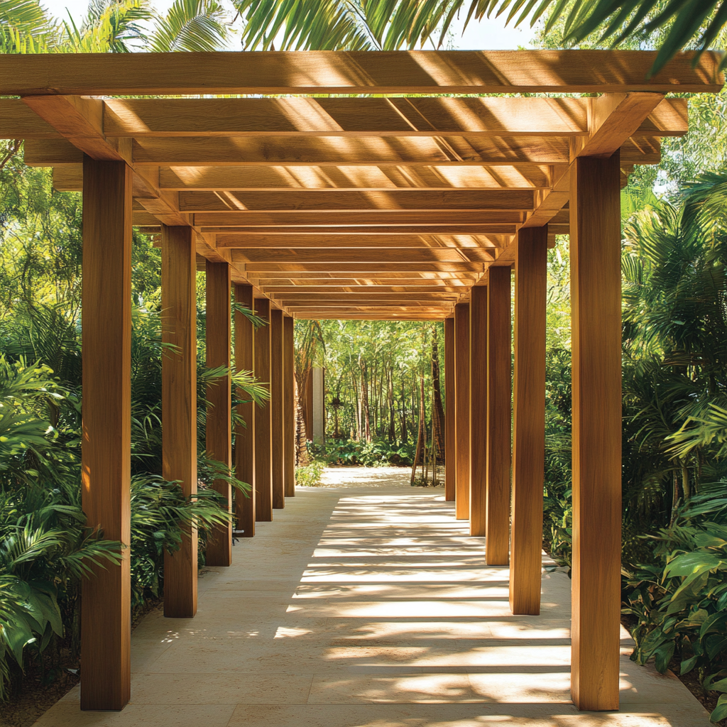 Ascending wooden beam pergola roof with stair-step design.