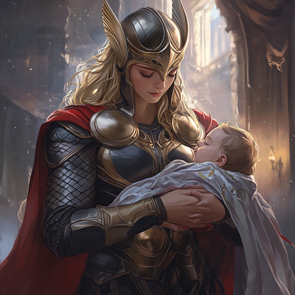 Asgardian mother with magical baby, holding Mjölnir. Twilight setting.