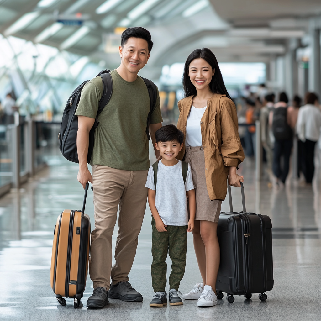 Asia Family Traveling Airport Boarding Gate Scene