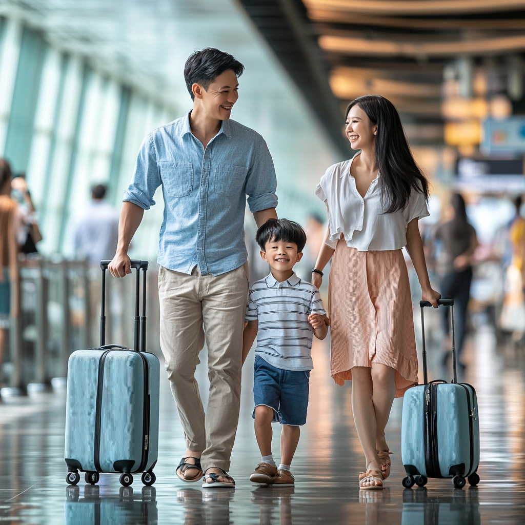 Asian Family Traveling at Busy Airport Gate