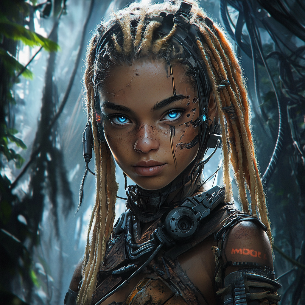 Asian M'Bora Tribe member with tech-woven dreads and blue eyes