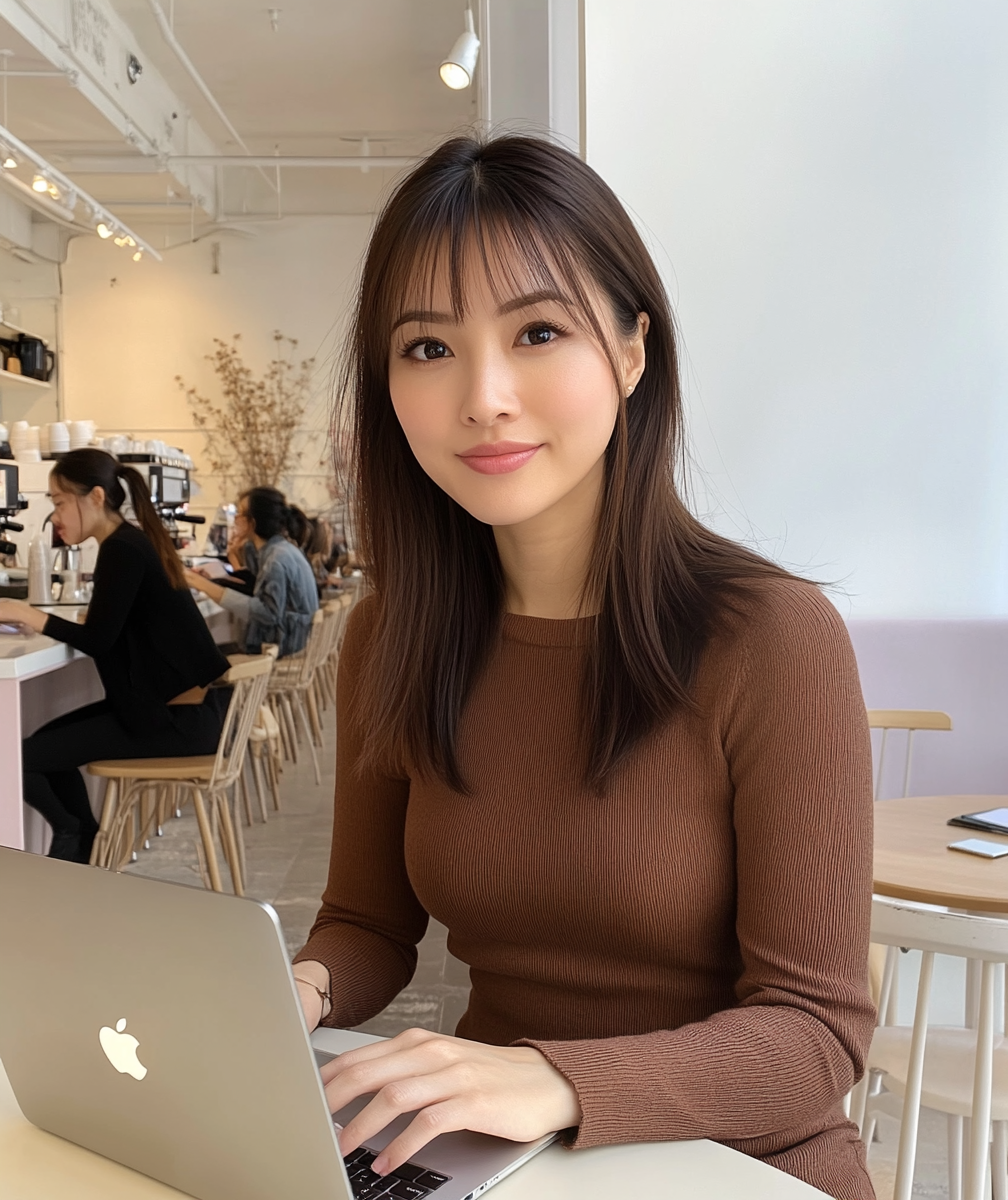 Asian Woman Working in Cafe with Laptop