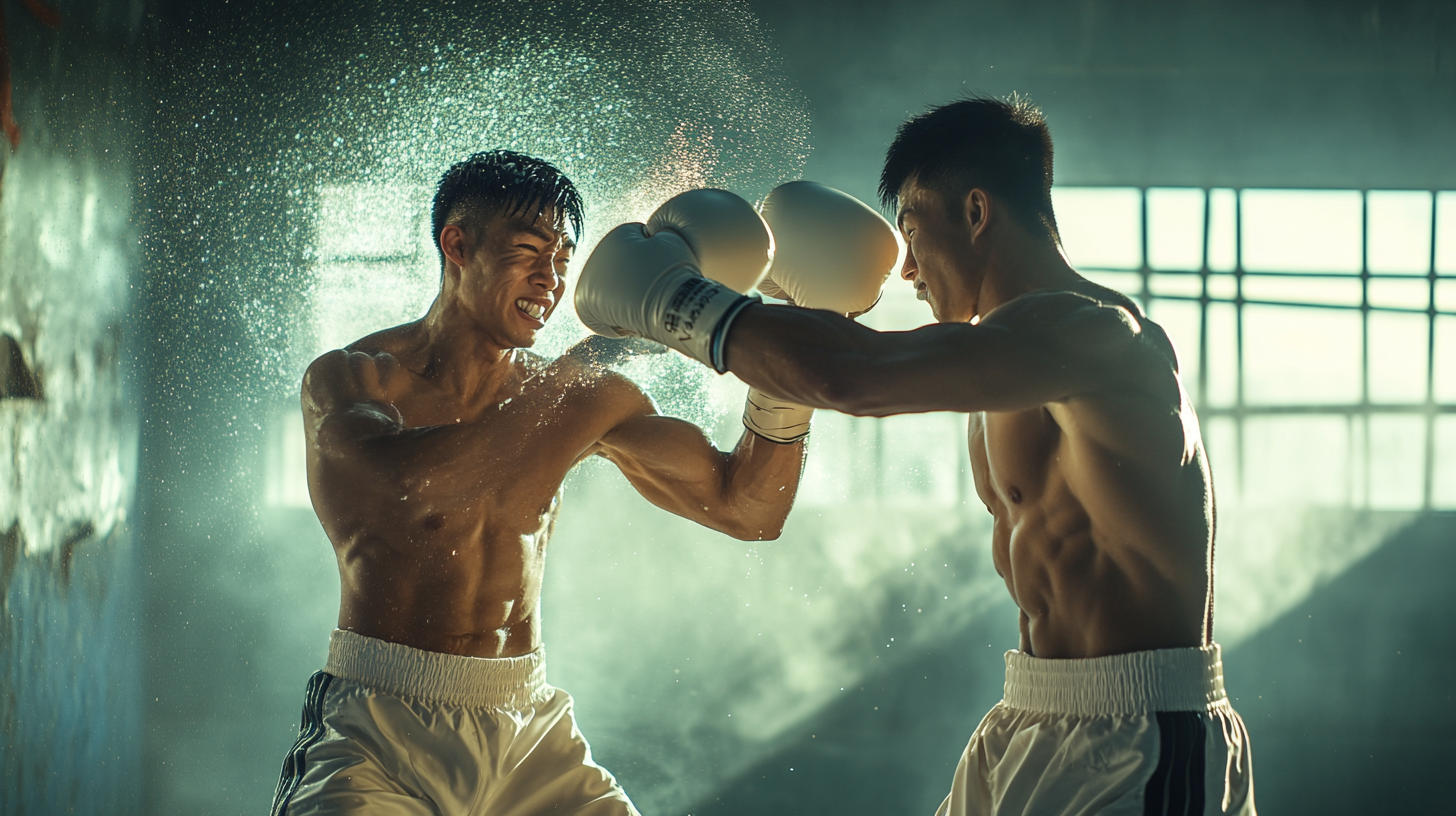 Asian boxers fight happily in moody scene, realistic photo.